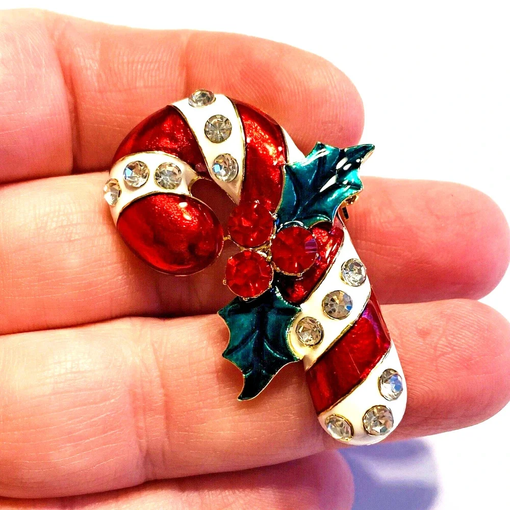 Christmas Brooch Pendant Red & White Enamel Candy Cane & Rhinestones Novelty Pin